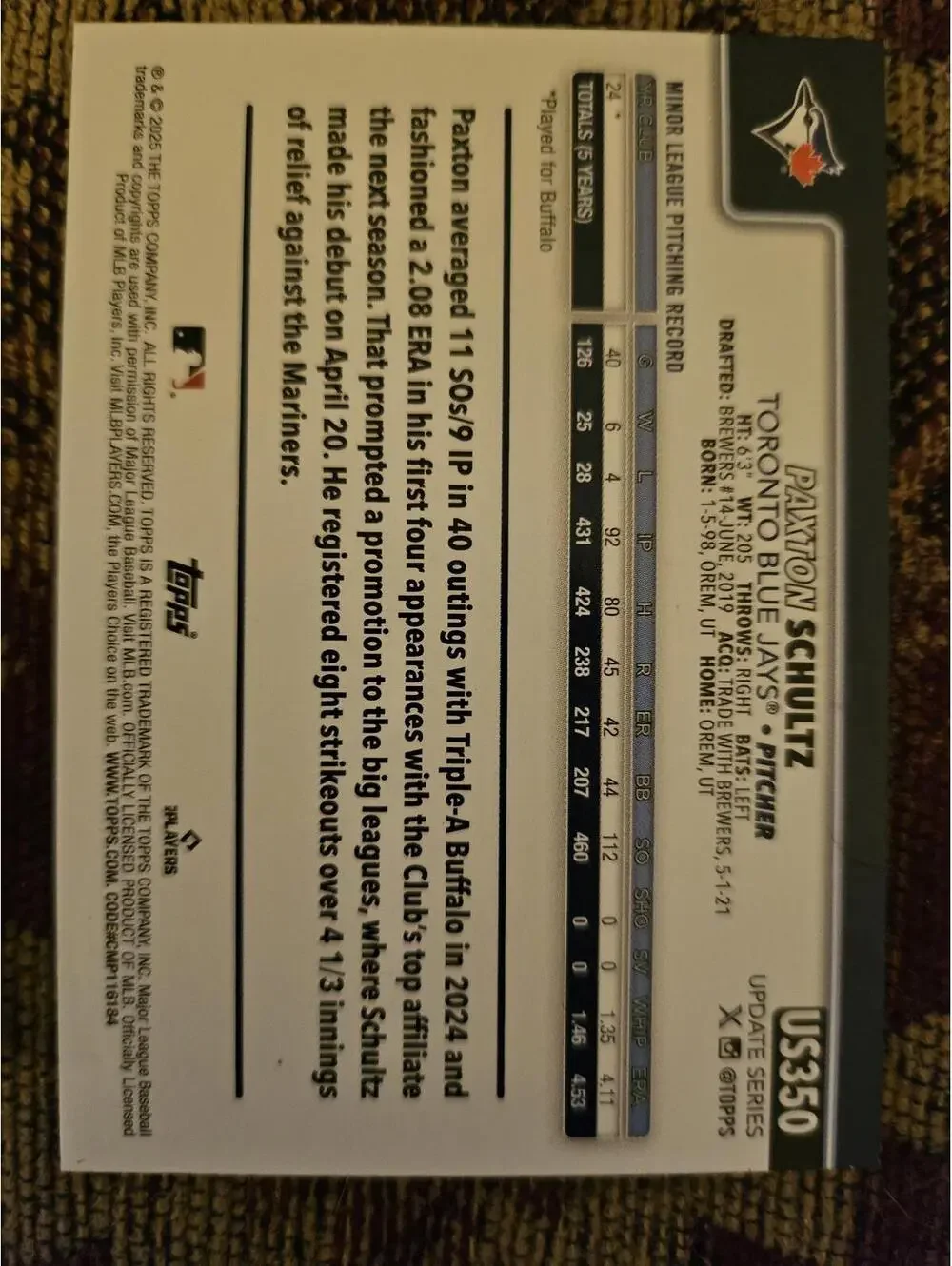 2025 Topps Update - Paxton Schultz - RC #US350 - Blue Jays - RAW Mint - Rookie